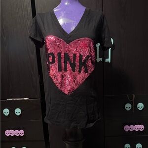 PINK Victoria's Secret Black Tee with Pink Sequin Heart
